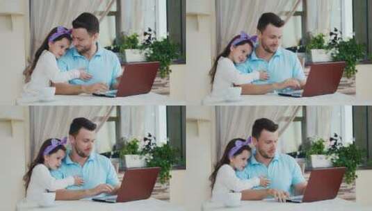 女儿拥抱正在工作的父亲高清在线视频素材下载