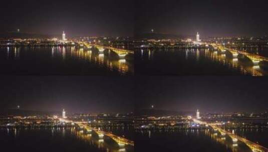 长沙橘子洲大桥夜景航拍高清在线视频素材下载