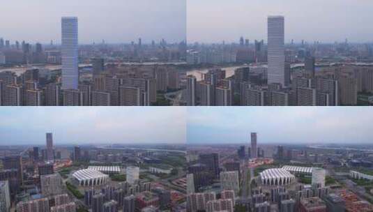 航拍上海前滩东方体育中心SK大厦高清在线视频素材下载