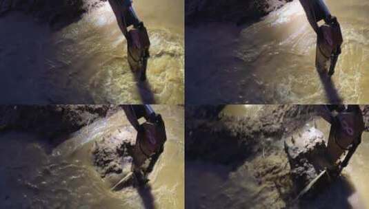 挖掘机卡车河床作业现场泥沙河流03高清在线视频素材下载