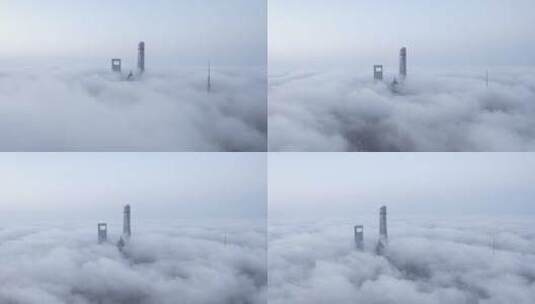 上海陆家嘴金融城平流雾航拍风光4K高清在线视频素材下载