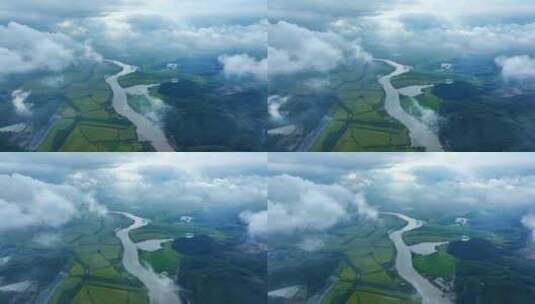 航拍云层下河流两岸稻田2高清在线视频素材下载