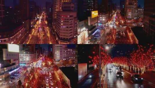 新年过年街道马路航拍 街道挂起红灯笼高清在线视频素材下载