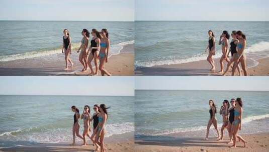 女孩穿着泳衣在热带沙滩上海边散步高清在线视频素材下载