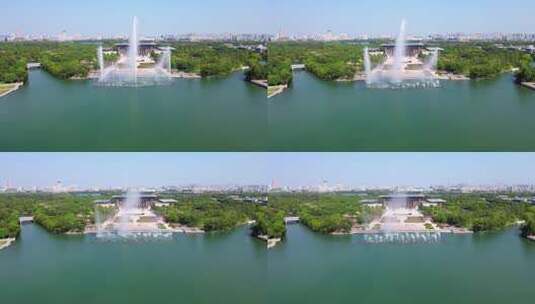 航拍嘉兴南湖七一广场革命纪念馆喷泉高清在线视频素材下载