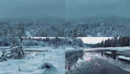 大雪雪松雪挂森林公路河流高清在线视频素材下载