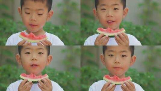 夏天儿童农院吃西瓜高清在线视频素材下载