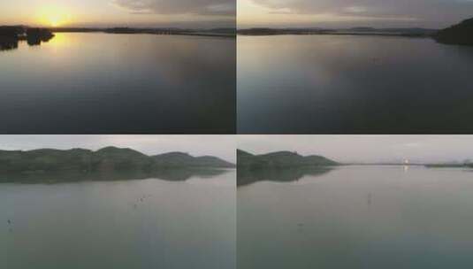航拍武汉东湖磨山傍晚夕阳飞鸟高清在线视频素材下载