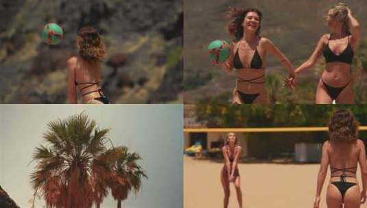 两个比基尼美女在海边沙滩打排球高清在线视频素材下载
