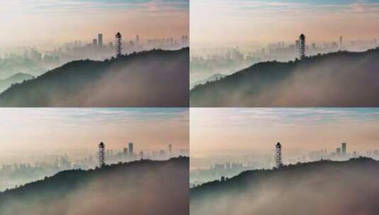 4k长沙谷山森林公园日出晨雾航拍高清在线视频素材下载
