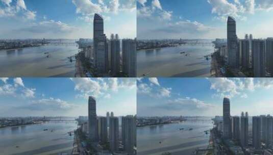航拍武汉长江两岸天际线高楼与江景房高清在线视频素材下载