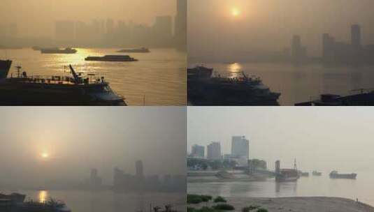 武汉汉口码头日出汉口江岸风景 组镜高清在线视频素材下载