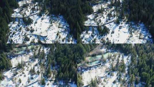 4K航拍新疆雪景冬季森林栈道小路高清在线视频素材下载