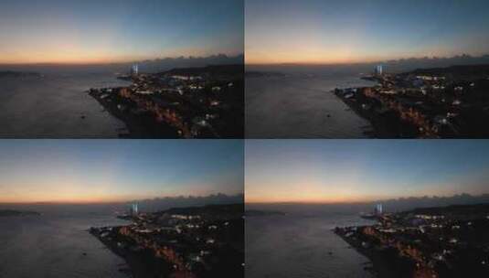 厦门环岛路夜景航拍海滨城市风光双子塔晚霞高清在线视频素材下载