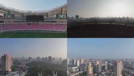 上海虹口足球场清晨航拍高清在线视频素材下载