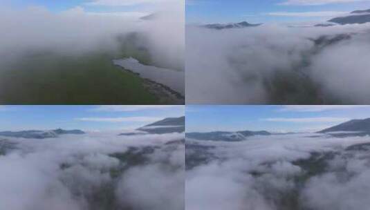 航拍夏季新疆喀纳斯的晨雾高清在线视频素材下载