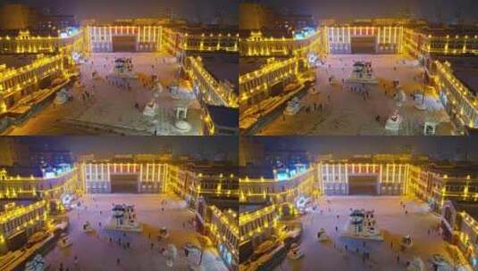 中国黑龙江哈尔滨老道外中华巴洛克雪人夜景高清在线视频素材下载