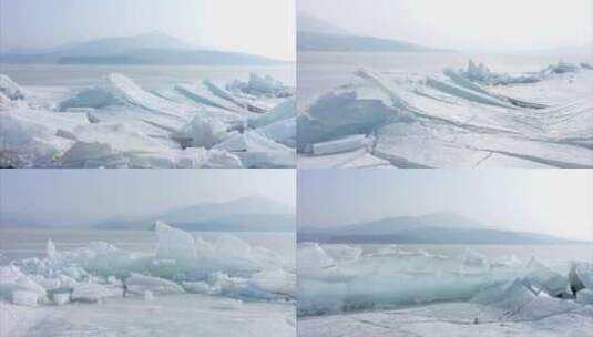 冰层冰盖冰块冬季寒冷湖泊水库高清在线视频素材下载