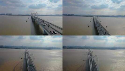 杭州钱塘江九堡大桥俯视汽车车流风景视频素高清在线视频素材下载