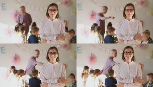 一个戴着眼镜穿着粉色衬衫的女教师的肖像，高清在线视频素材下载