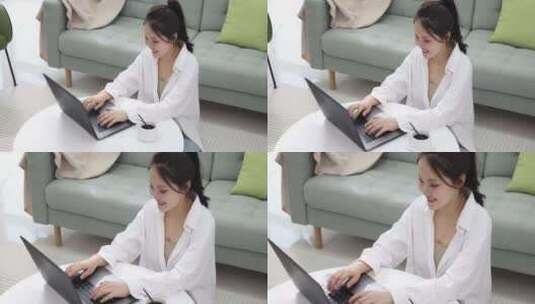 年轻女性在家使用电脑工作高清在线视频素材下载
