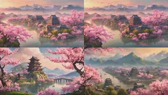 中国古风山水风景 春天 桃花高清在线视频素材下载