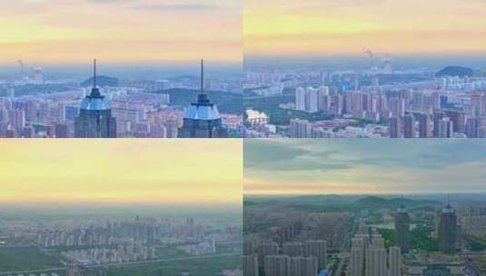 航拍夕阳下的枣庄新城双子星周边建筑高清在线视频素材下载