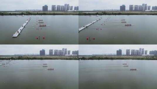 公园湖面静水多人赛艇比赛航拍4K高清在线视频素材下载