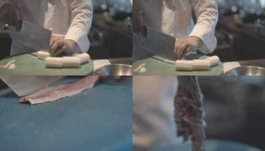 厨师配菜切菜切鱼肉处理 大厨刀工美食制作高清在线视频素材下载