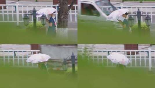一个女生打伞走过街头高清在线视频素材下载