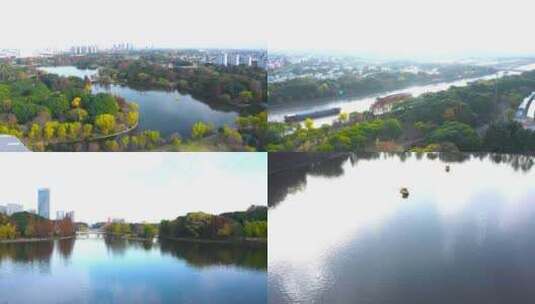 4K航拍上海公园湖水划船生活河流运输轮船高清在线视频素材下载