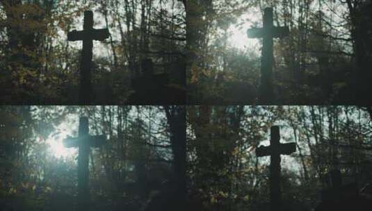 十字架，墓地，坟墓，秋天高清在线视频素材下载