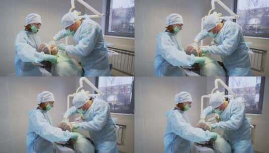 男人，牙科诊所，牙科手术，蓬松帽高清在线视频素材下载