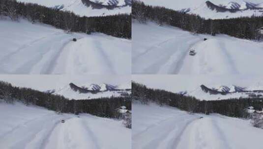 航拍冬季新疆阿勒泰禾木雪景雪山森林村落高清在线视频素材下载