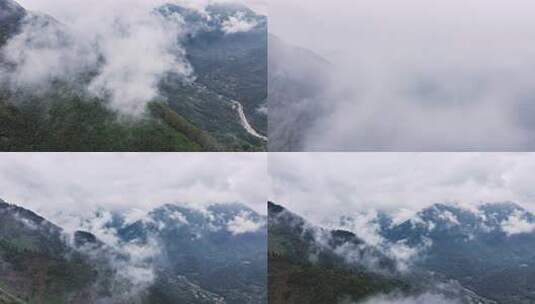 四川汶川县映秀镇山区穿越云海河流山脉航拍高清在线视频素材下载