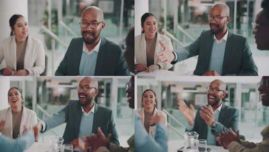 鼓掌、合伙或商人在会议上握手庆祝获胜高清在线视频素材下载