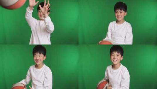 帅气的中国小男孩在玩篮球慢镜头高清在线视频素材下载
