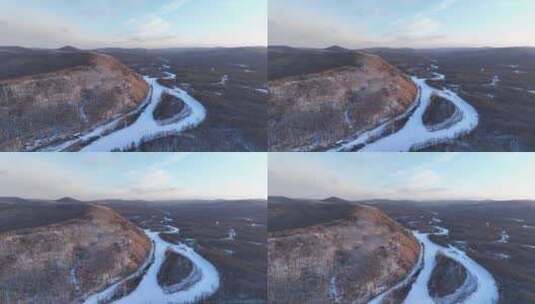 航拍黎明林海雪原冰封河流高清在线视频素材下载