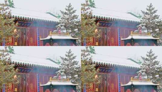 冬季下雪天烧香庙宇风光高清在线视频素材下载
