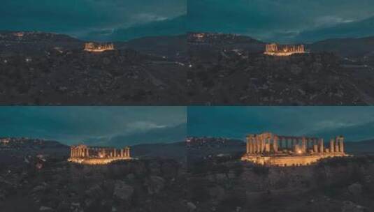 航拍希腊帕特农神庙夜晚高清在线视频素材下载