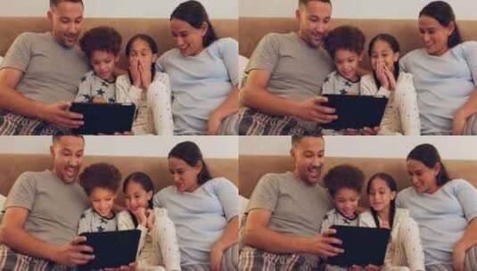 平板电脑、家庭或兴奋的家庭像一家人一样在高清在线视频素材下载