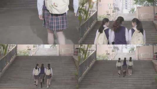 年轻女大学生蹦跳一起上学聊天爬楼梯背影高清在线视频素材下载
