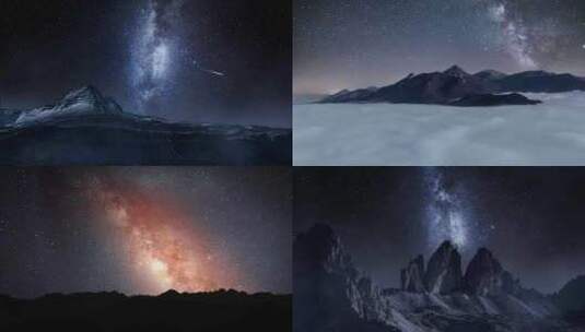 【6镜头合集】雪山银河星空摇曳流星划过高清在线视频素材下载