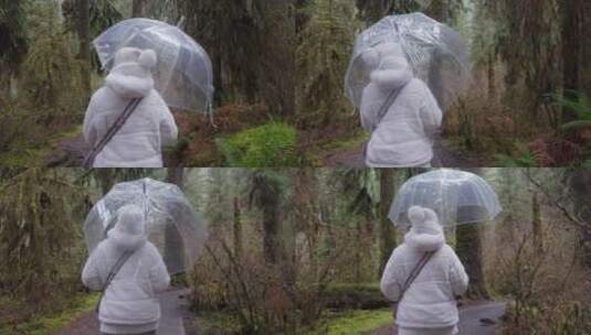 森林里穿着白色夹克带着透明雨伞的人高清在线视频素材下载