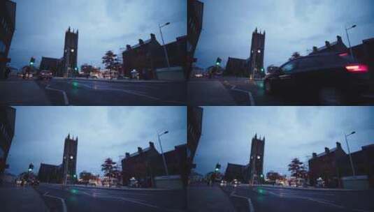 汽车经过教堂的钟声响起的街道高清在线视频素材下载
