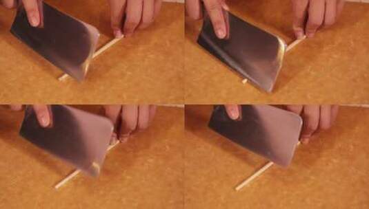 筷子木质软硬用菜刀砍筷子高清在线视频素材下载