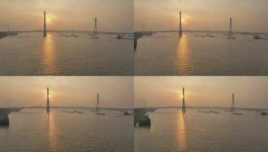 南京大胜关长江大桥夕阳江面航拍高清在线视频素材下载