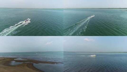 新疆沙漠淡水湖游船航拍高清在线视频素材下载