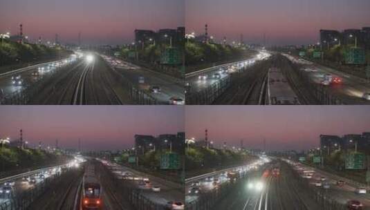 北京地铁一号线与节假日进返京车流夜景高清在线视频素材下载