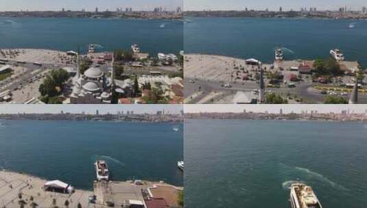 阳光明媚的城市海岸有几艘游艇高清在线视频素材下载